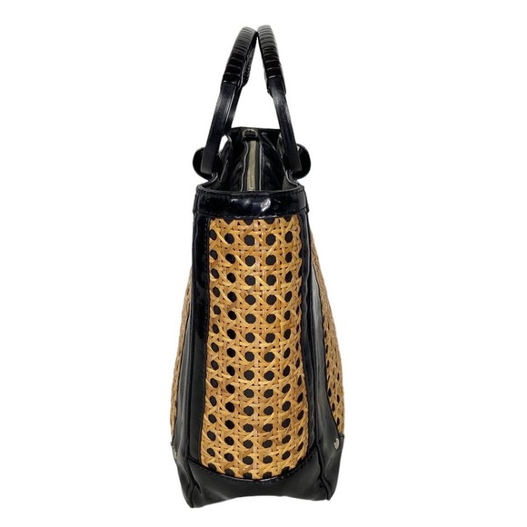 White House Black Market Straw Bag Wicker Black Patent Leather Handbag Tote - Picture 3 of 12